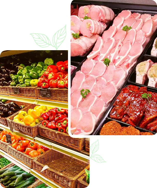 Fresh produce and meat display at market.